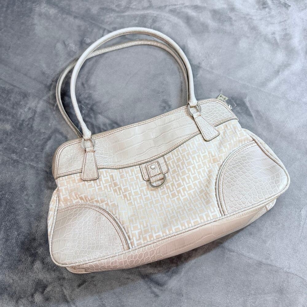 Tommy Hilfiger Monogram Textured Trim Leather Shoulder Bag Beige/White - Picture 2 of 11